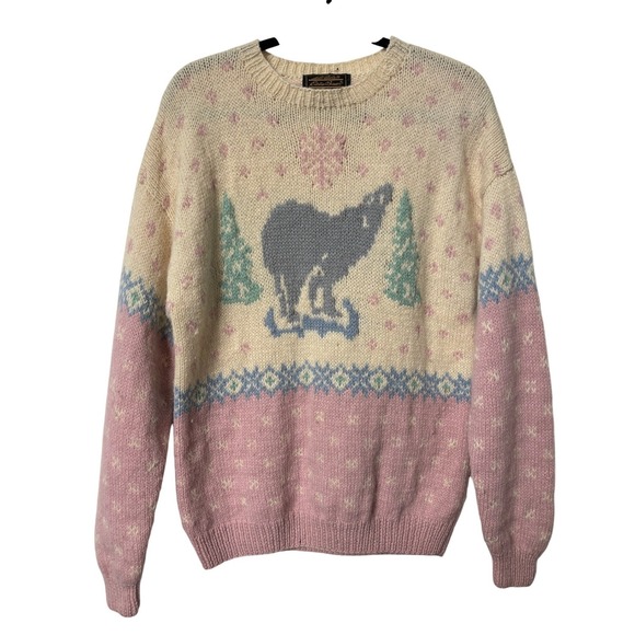 Eddie Bauer Sweaters - Vintage 1990 Eddie Bauer Wool Wolf Sweater Pink Cream Fair Isle Knit Large